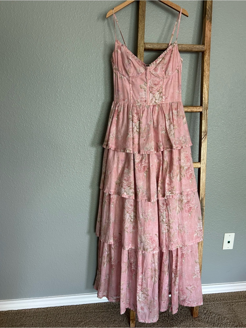 V. Chapman Caterina Corset Pink Floral Tiered Maxi Dress